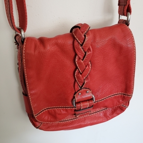 Fossil Handbags - Fossil Red-Orange Crossbody Shoulder Bag Canvas Strap Braided Floral Satin Lined
